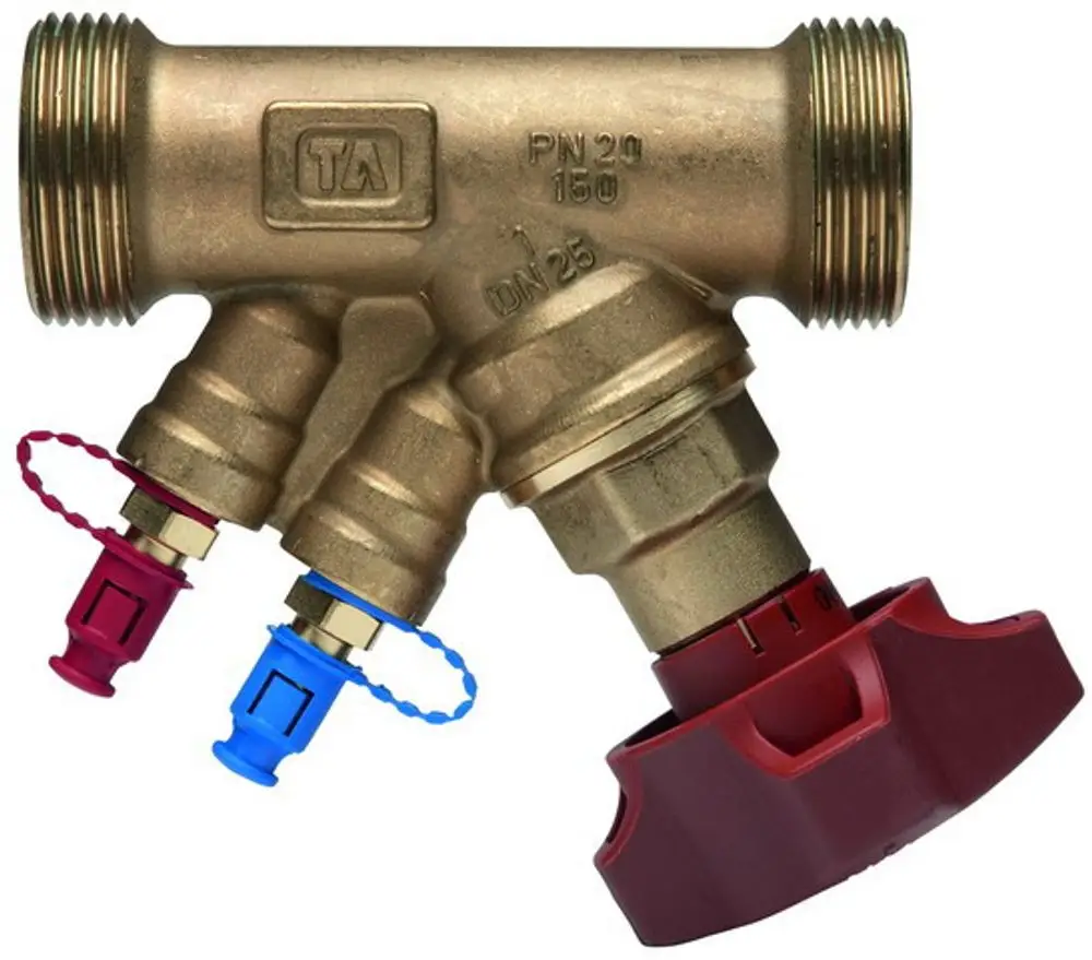 Strangregulierventil mit Außengewinde, hergestellt von IMI Hydronic Engineering. Auf dem Bild sind zwei Anschlussstellen in unterschiedlichen Farben sichtbar.